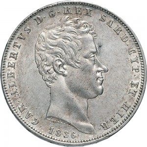 952D 5 lire 1836 Scudo sannitico 4° tipo Torino Argento
