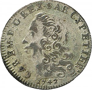 137D 5 soldi 1742 Scudo a cartoccio 3° tipo Torino Mistura di argento