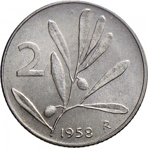 2285R 2 lire 1958 Ramo di ulivo Roma Alluminio