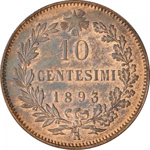 1295R 10 Centesimi 1893 Valore entro semicorona di alloro e quercia 1° tipo Roma Rame
