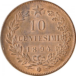 1296R 10 Centesimi 1893 Valore entro semicorona di alloro e quercia 2° tipo Birmingham Rame