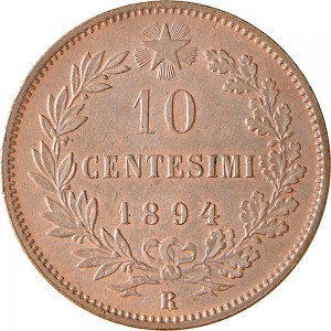 1297R 10 Centesimi 1893 Valore entro semicorona di alloro e quercia 2° tipo Roma Rame