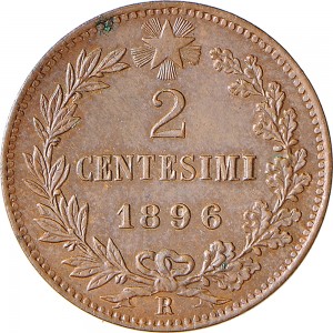 1301R 2 centesimi 1896 Valore entro semicorona di alloro e quercia Roma Rame