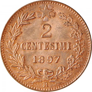 1302R 2 centesimi 1897 Valore entro semicorona di alloro e quercia Roma Rame
