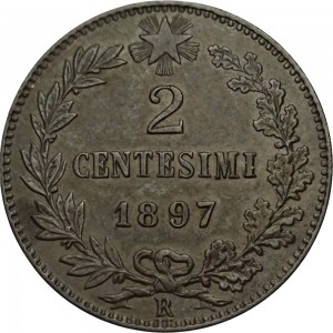 2564R 2 centesimi 1897 Valore entro semicorona di alloro e quercia Roma Bronzo