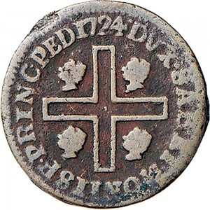 28R Cagliarese da 2 denari 1724 Croce piana Torino Rame
