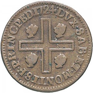 28R Cagliarese da 2 denari 1724 Croce piana Torino Rame