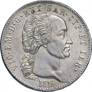 774D Scudo da 5 lire nuove di Piemonte 1816 Scudo sannitico 1° tipo Torino Argento