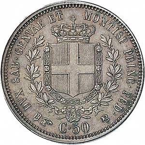 1084R 50 centesimi 1850 Scudo sannitico Torino Argento