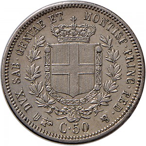 1086R 50 centesimi 1855 Scudo sannitico Torino Argento