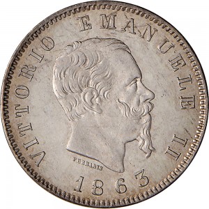 1185D 1 lira 1863 Scudo sannitico 2° tipo Milano Argento