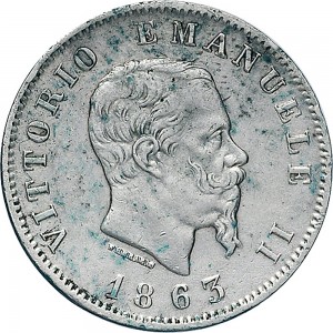 1190D 1 lira 1863 Valore su due rami di alloro 3° tipo Torino Argento