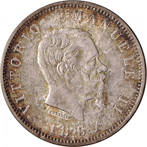 1187D 1 lira 1867 Scudo sannitico 2° tipo Milano Argento