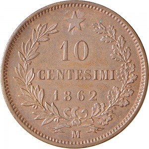 1210R 10 Centesimi 1862 Valore entro semicorona di alloro e quercia 2° tipo Milano Rame