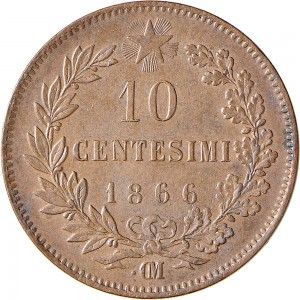 1217R 10 Centesimi 1866 Valore entro semicorona di alloro e quercia 2° tipo Strasburgo Rame