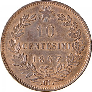 1220R 10 Centesimi 1867 Valore entro semicorona di alloro e quercia 2° tipo Bruxelles Rame