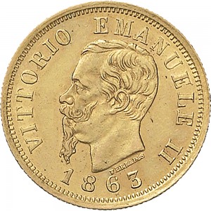 1146D 10 lire 1863 Scudo sannitico 2° tipo Torino Oro