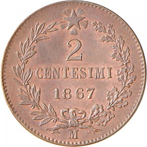 1235R 2 centesimi 1867 Valore entro semicorona di alloro e quercia Milano Rame