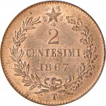 1236R 2 centesimi 1867 Valore entro semicorona di alloro e quercia Torino Rame