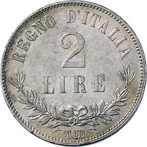 1180R 2 lire 1863 Valore su due rami di alloro 3° tipo Torino Argento