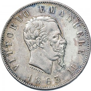 1180D 2 lire 1863 Valore su due rami di alloro 3° tipo Torino Argento