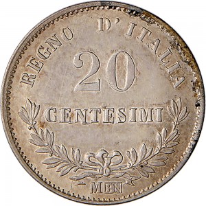1205R 20 centesimi 1863 Valore su due rami di alloro 2° tipo Milano Argento