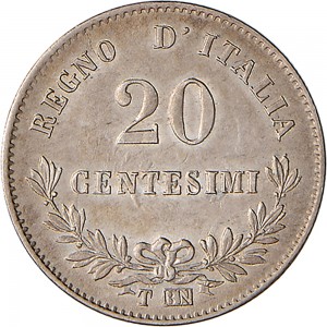 1206R 20 centesimi 1863 Valore su due rami di alloro 2° tipo Torino Argento