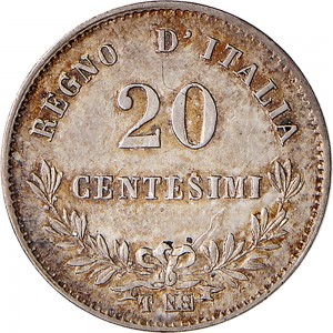 1207R 20 centesimi 1863 Valore su due rami di alloro 2° tipo Torino Argento
