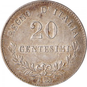 1208R 20 centesimi 1867 Valore su due rami di alloro 2° tipo Torino Argento