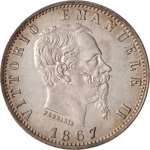 1208D 20 centesimi 1867 Valore su due rami di alloro 2° tipo Torino Argento
