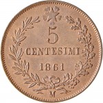 1226R 5 centesimi 1861 Valore entro semicorona di alloro e quercia Milano Rame