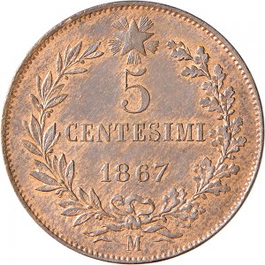 1230R 5 centesimi 1867 Valore entro semicorona di alloro e quercia Milano Rame