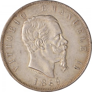 1158D 5 lire 1869 Scudo sannitico 2° tipo Milano Argento