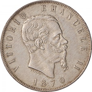 1159D 5 lire 1870 Scudo sannitico 2° tipo Milano Argento