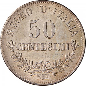 1198R 50 centesimi 1863 Valore su due rami di alloro 3° tipo Napoli Argento