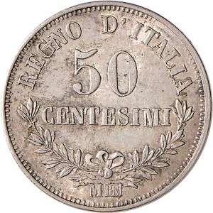 1200R 50 centesimi 1866 Valore su due rami di alloro 3° tipo Milano Argento