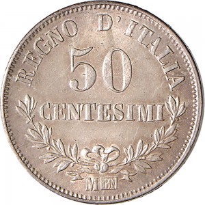 1201R 50 centesimi 1867 Valore su due rami di alloro 3° tipo Milano Argento