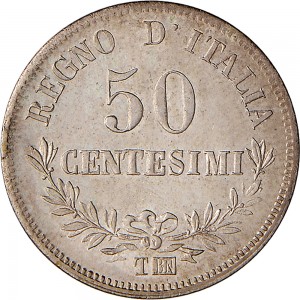 1203R 50 centesimi 1867 Valore su due rami di alloro 3° tipo Torino Argento