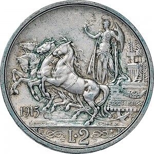1406R 2 lire 1915 Italia su quadriga briosa Roma Argento