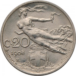 1473R 20 centesimi 1908 Libertà librata Roma Nichelio