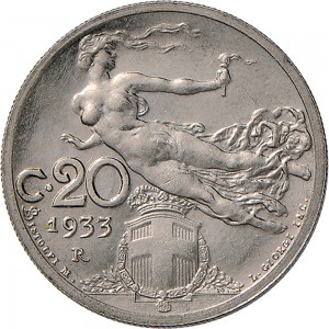 1491R 20 centesimi 1933 Libertà librata Roma Nichelio