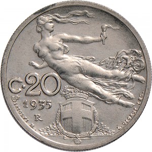 1493R 20 centesimi 1935 Libertà librata Roma Nichelio