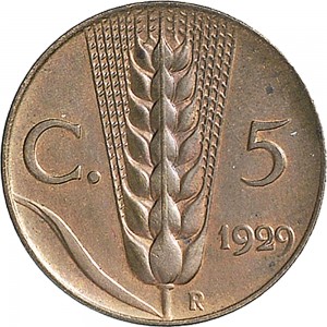 1539R 5 centesimi 1929 Spiga 2° tipo Roma Rame