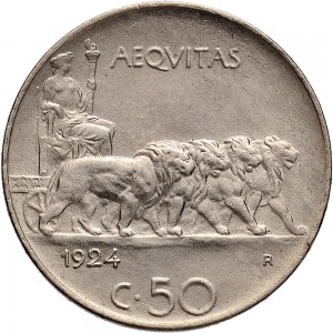 1454R 50 centesimi 1924 Giustizia su quadriga di leoni Roma Nichelio