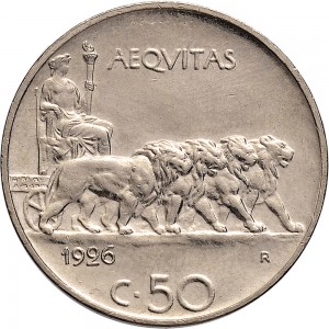 1458R 50 centesimi 1926 Giustizia su quadriga di leoni Roma Nichelio