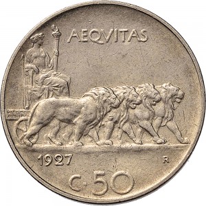 1460R 50 centesimi 1927 Giustizia su quadriga di leoni Roma Nichelio