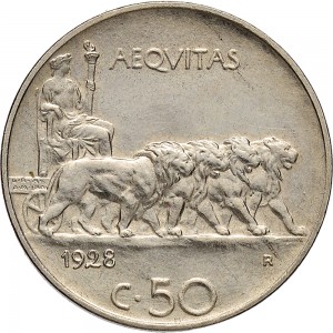 1462R 50 centesimi 1928 Giustizia su quadriga di leoni Roma Nichelio
