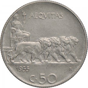 1470R 50 centesimi 1935 Giustizia su quadriga di leoni Roma Nichelio