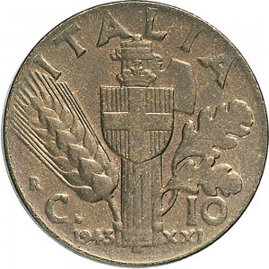 1665R 10 Centesimi 1943 XXI Scudo semirotondo 2° tipo Roma Bronzital