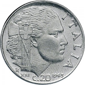 1656R 20 centesimi 1943 XXI Italia fascista 2° tipo Roma Acmonital